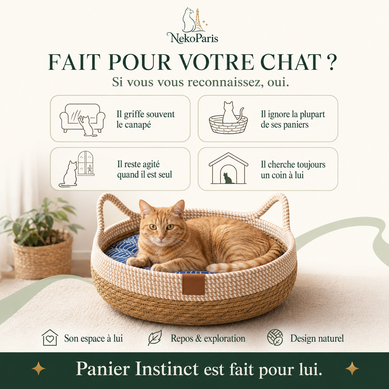 NekoParis™ — Panier Instinct, le Panier Tressé 4-en-1 pour Chat d'Intérieur