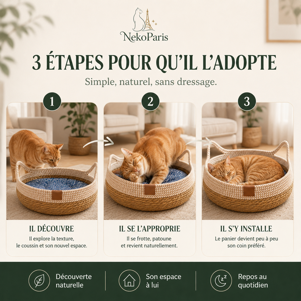 NekoParis™ — Panier Instinct, le Panier Tressé 4-en-1 pour Chat d'Intérieur