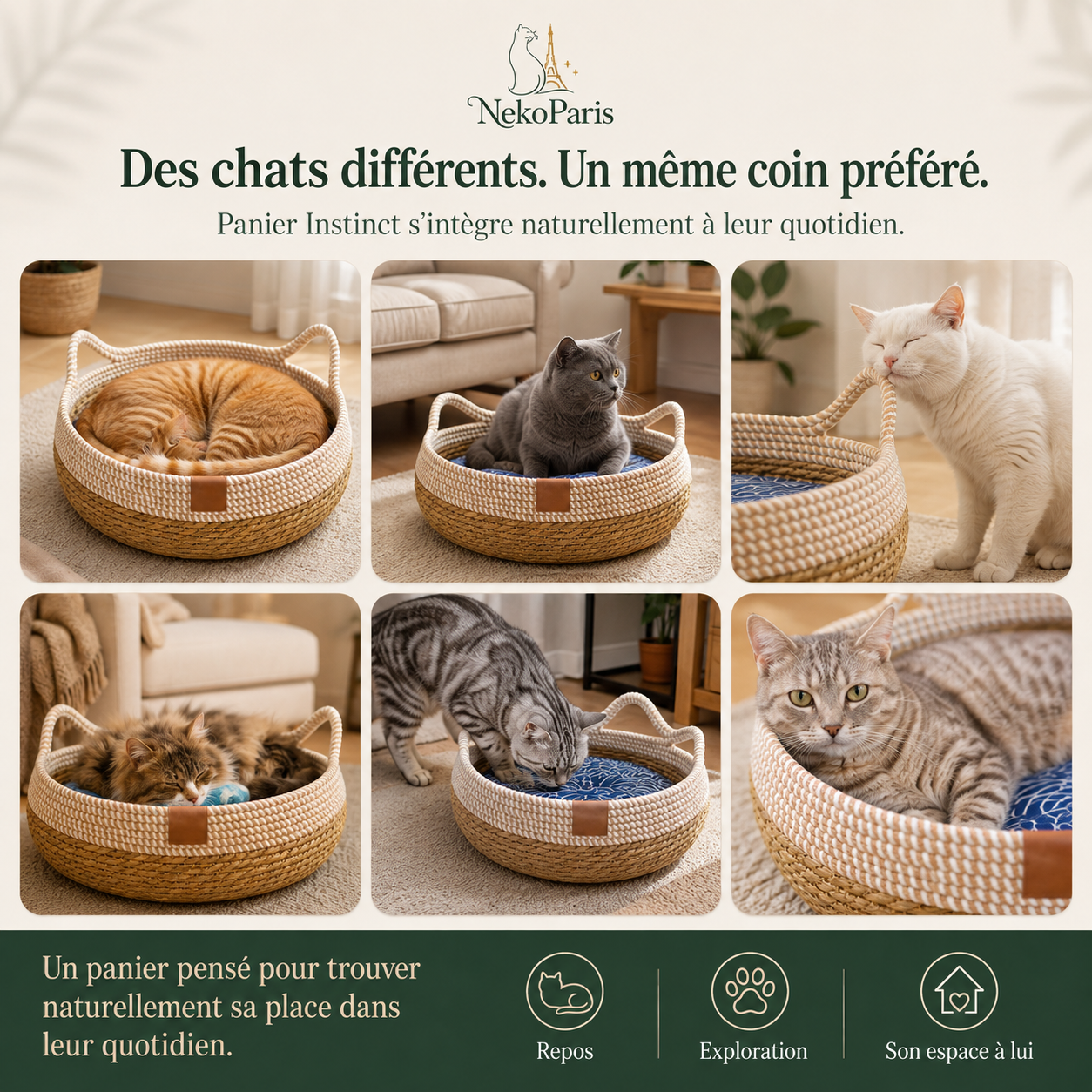NekoParis™ — Panier Instinct, le Panier Tressé 4-en-1 pour Chat d'Intérieur