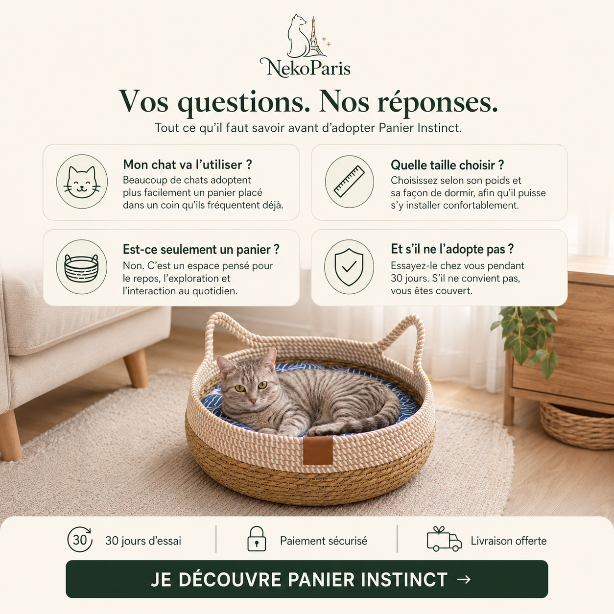 NekoParis™ — Panier Instinct, le Panier Tressé 4-en-1 pour Chat d'Intérieur