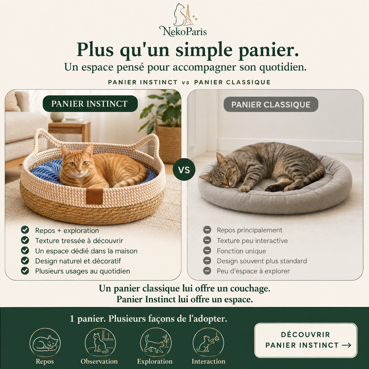 NekoParis™ — Panier Instinct, le Panier Tressé 4-en-1 pour Chat d'Intérieur