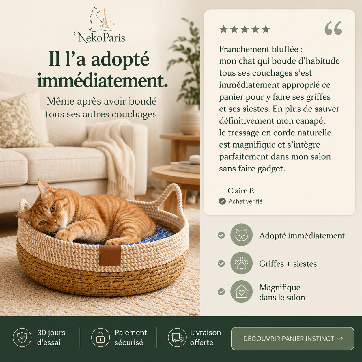 NekoParis™ — Panier Instinct, le Panier Tressé 4-en-1 pour Chat d'Intérieur