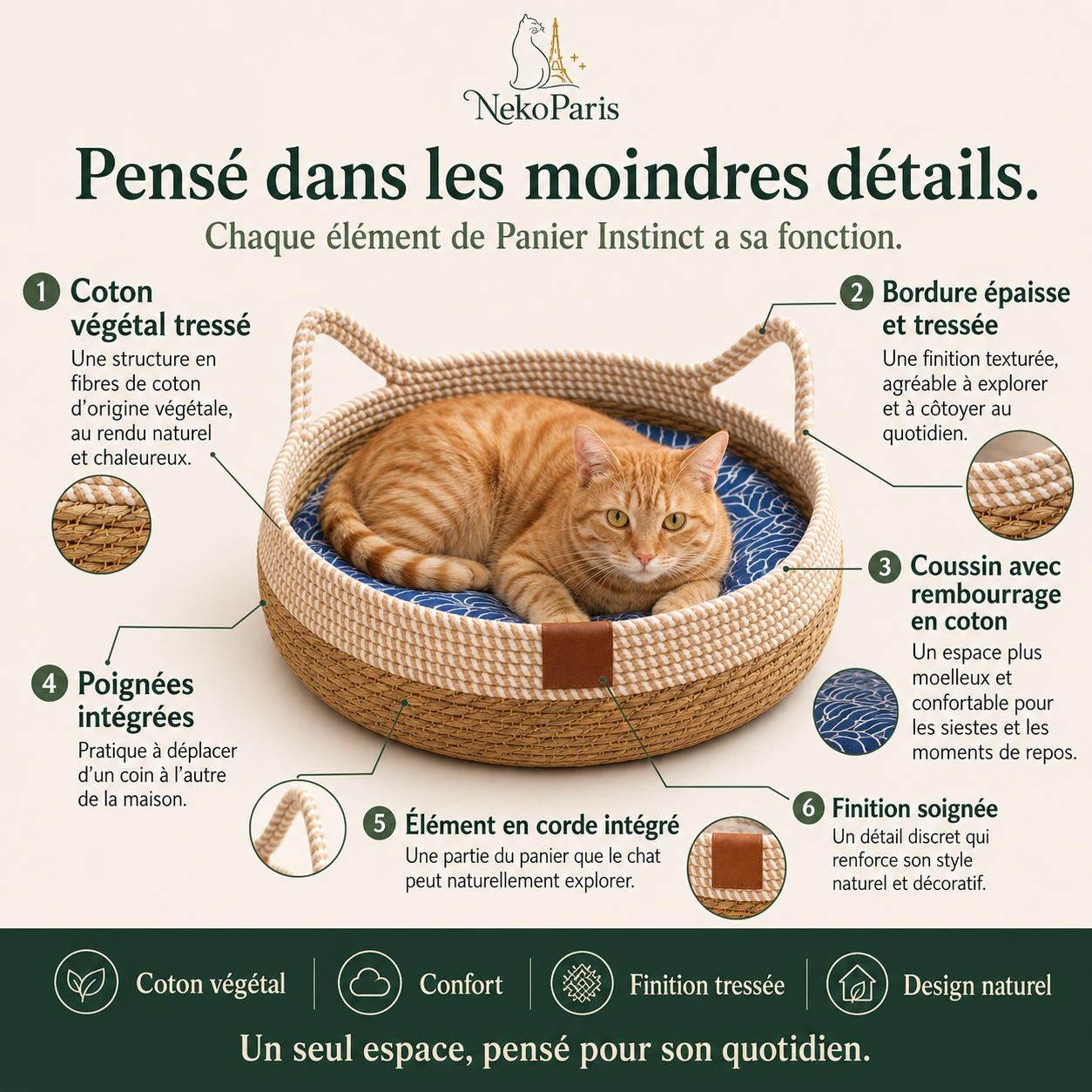 NekoParis™ — Panier Instinct, le Panier Tressé 4-en-1 pour Chat d'Intérieur