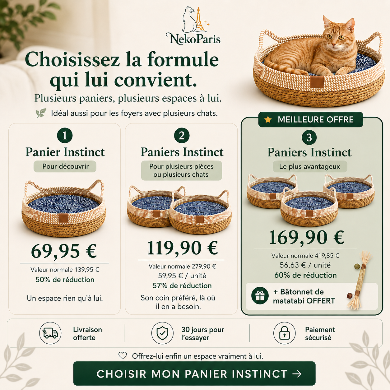 NekoParis™ — Panier Instinct, le Panier Tressé 4-en-1 pour Chat d'Intérieur